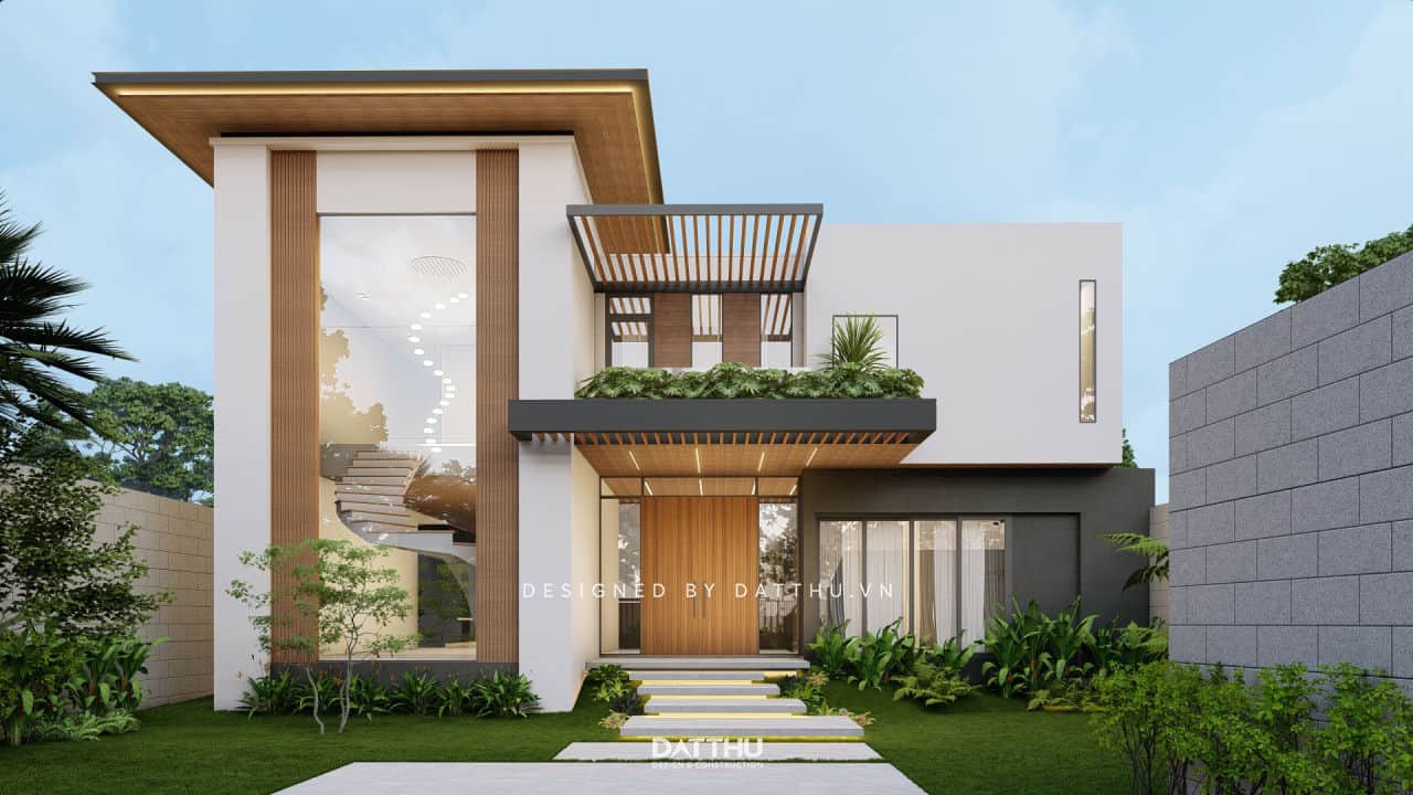 Mẫu nhà chữ L 2 tầng đẹp hiện đại mái bằng