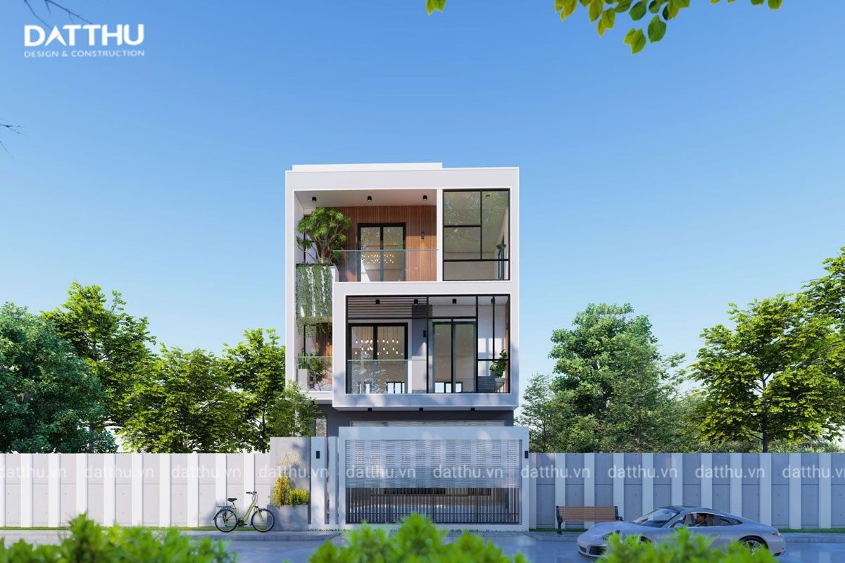 Nhà 3 tầng khối vuông hiện đại.