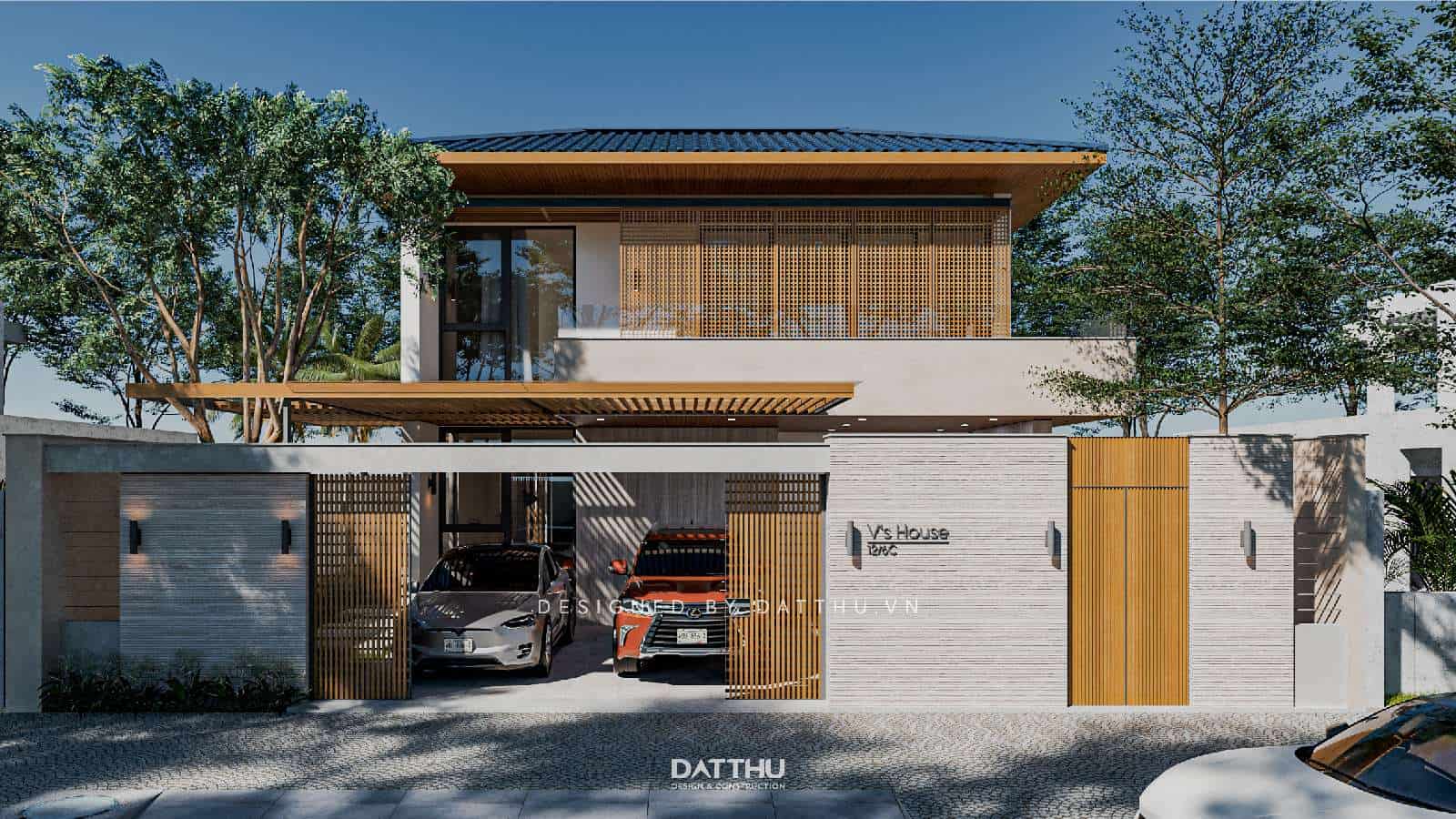 Thiết kế nhà 2 tầng 4 phòng ngủ mái nhật