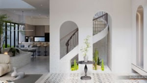 Mẫu cầu thang uốn cong nhà ống 2 tầng